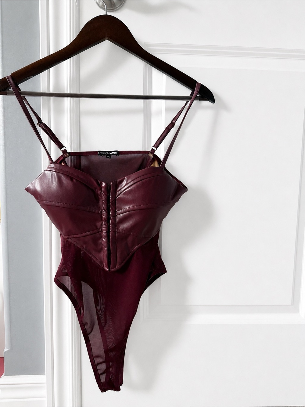 Fashion Nova Burgundy Faux Leather & Mesh Bodysuit
